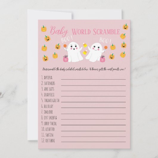 Roze Halloween Baby Word Scramble Baby shower spel Kaart (Voorkant)