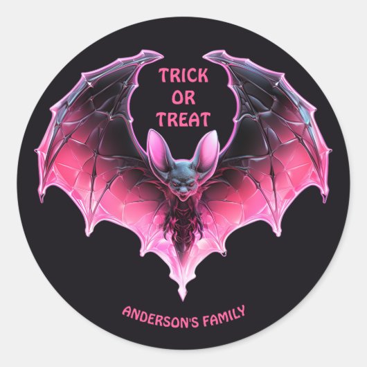 Roze Halloween Bat Trick or treat Ronde Sticker (Voorkant)