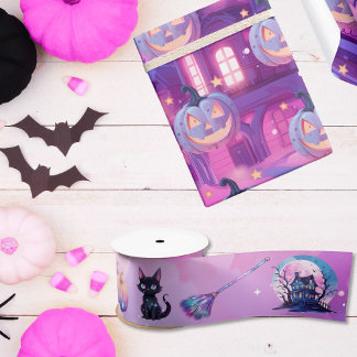 Roze halloween bewitched thema kat pompoenen bezem satijnen lint