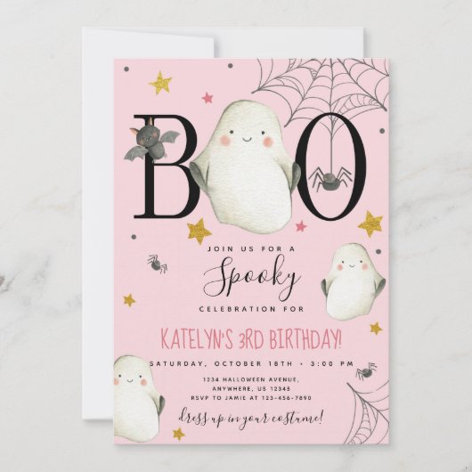 Roze Halloween Birthday Uitnodiging (Voorkant)