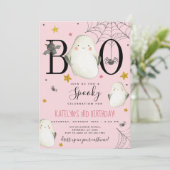 Roze Halloween Birthday Uitnodiging (Staand voorkant)