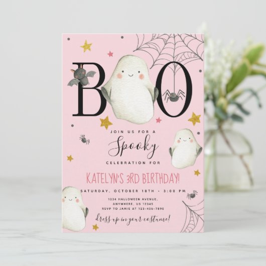 Roze Halloween Birthday Uitnodiging (Staand voorkant)