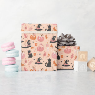 Roze Halloween-cadeaupapier met Zwarte Katten Cadeaupapier