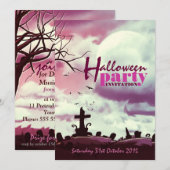 Roze Halloween Full Moon Graveyard Uitnodiging (Voorkant / Achterkant)