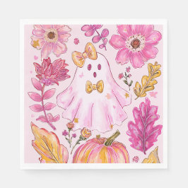 Roze Halloween-geest met bloemen en pompoen Servet