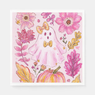 Roze Halloween-geest met bloemen en pompoen Servet