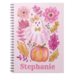 Roze Halloween-geest met eigen naam Notitieboek