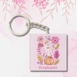 Roze Halloween-geest met eigen naam Sleutelhanger