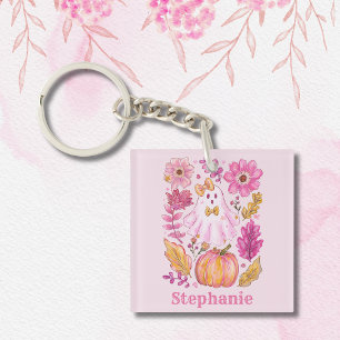 Roze Halloween-geest met eigen naam Sleutelhanger