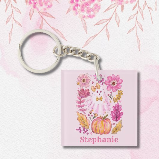 Roze Halloween-geest met eigen naam Sleutelhanger