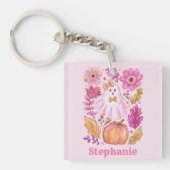 Roze Halloween-geest met eigen naam Sleutelhanger (voorkant)