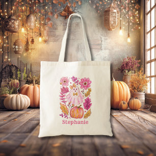 Roze Halloween-geest met eigen naam Tote Bag