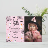 Roze Halloween Ghost Dank u kaart met foto (Staand voorkant)