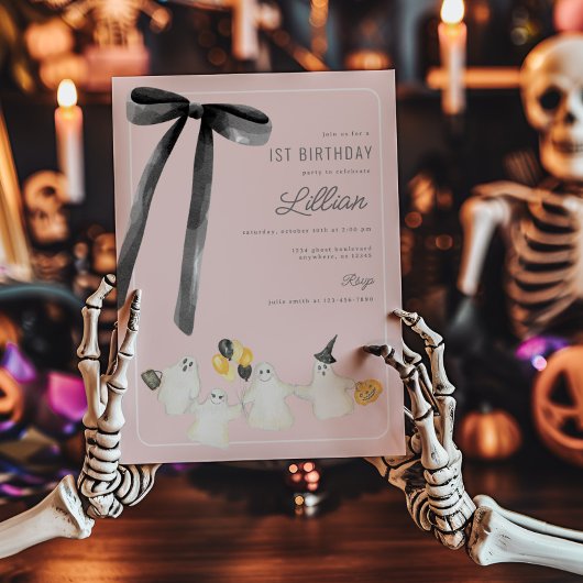 Roze Halloween Ghost en Black Bow Verjaardag Kaart