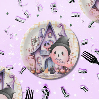 Roze halloween ghost herenhuis schattige verjaarda papieren bordje