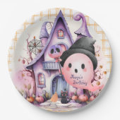 Roze halloween ghost herenhuis schattige verjaarda papieren bordje (Voorkant)
