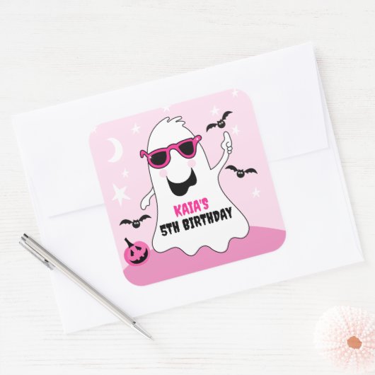 Roze Halloween Ghost Meisje Verjaardag Vierkante Sticker (Envelop)