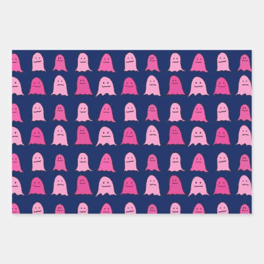 Roze Halloween Ghosts op Donkerblauw Inpakpapier Vel (Voorkant 3)