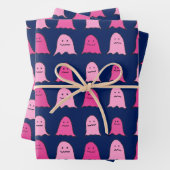 Roze Halloween Ghosts op Donkerblauw Inpakpapier Vel (In situ)