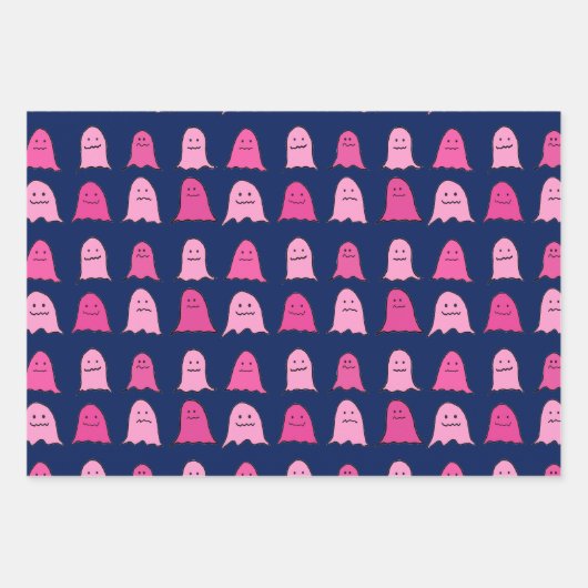 Roze Halloween Ghosts op Donkerblauw Inpakpapier Vel (Voorkant)