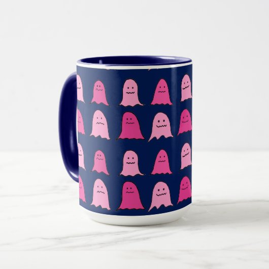 Roze Halloween Ghosts op Donkerblauw Mok (Voorkant links)