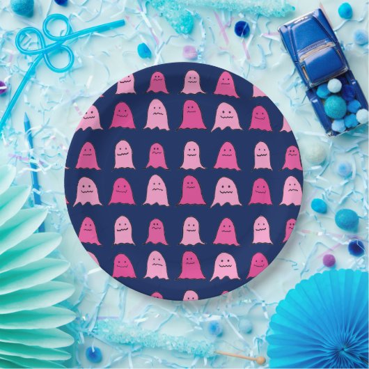 Roze Halloween Ghosts op Donkerblauw Papieren Bordje (Feest)