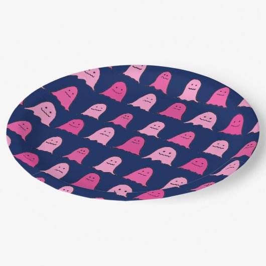 Roze Halloween Ghosts op Donkerblauw Papieren Bordje (Gekanteld)