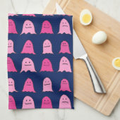 Roze Halloween Ghosts op Donkerblauw Theedoek (Quarter Fold)