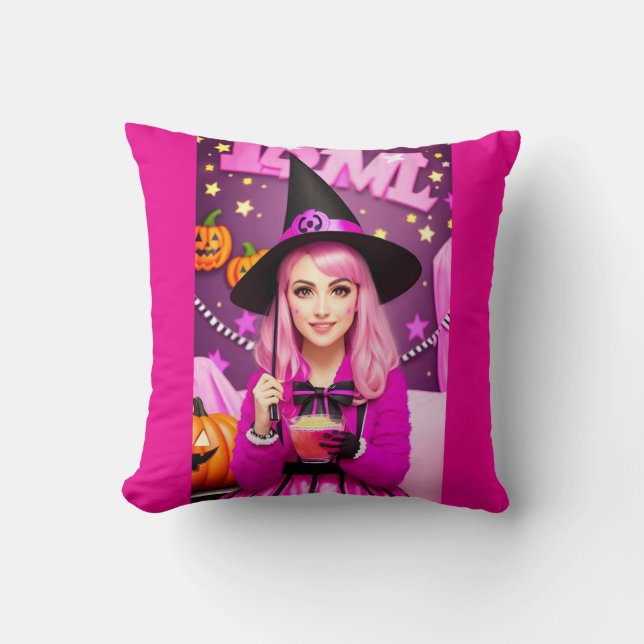 Roze Halloween heks Kussen (Voorkant)