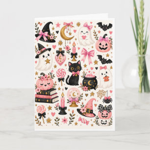 Roze Halloween Hekserige Cute Geesten Zwarte Kat P Kaart