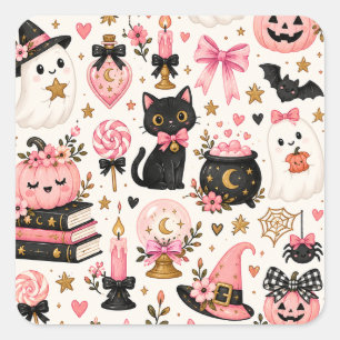 Roze Halloween Hekserige Cute Geesten Zwarte Kat P Vierkante Sticker
