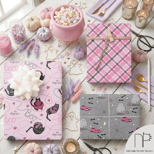 Roze Halloween Kinderen Boo Kitty Inpakpapier Vel