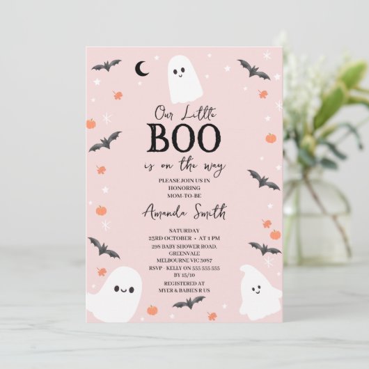 Roze Halloween Little Boo Baby shower Kaart (Staand voorkant)