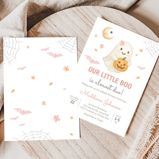 Roze Halloween Little Boo Baby shower Kaart
