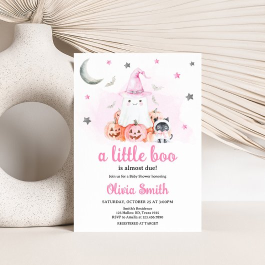 Roze Halloween Little Boo Baby shower Kaart