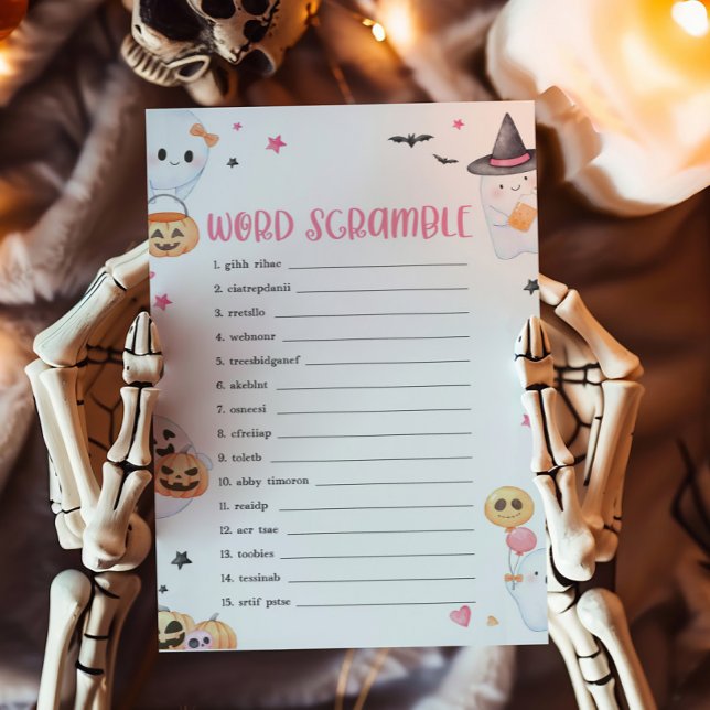 Roze Halloween Little Boo Word Scramble Game (Baby is Brewing Baby Shower Word Scramble Game)