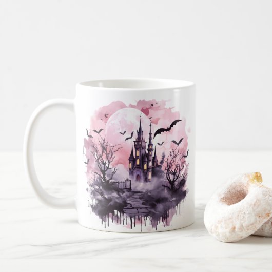 Roze Halloween Mok Schattige Spooky, Haunted House (Met donut)