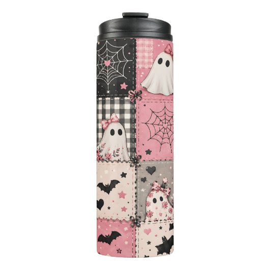 Roze Halloween Patchwork Thermosbeker (Voorkant)