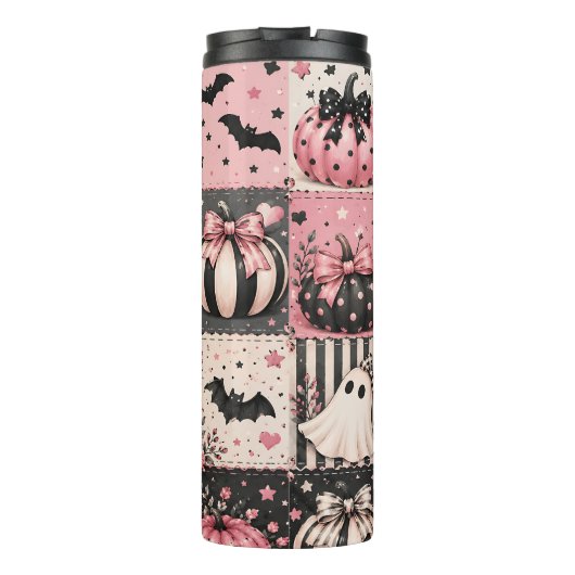 Roze Halloween Patchwork Thermosbeker (Achterkant)