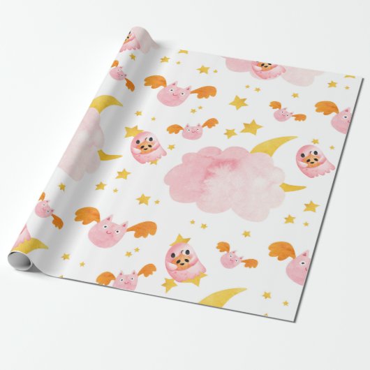 Roze halloween pompoen geest en schattige vleermui cadeaupapier (Uitgerold)