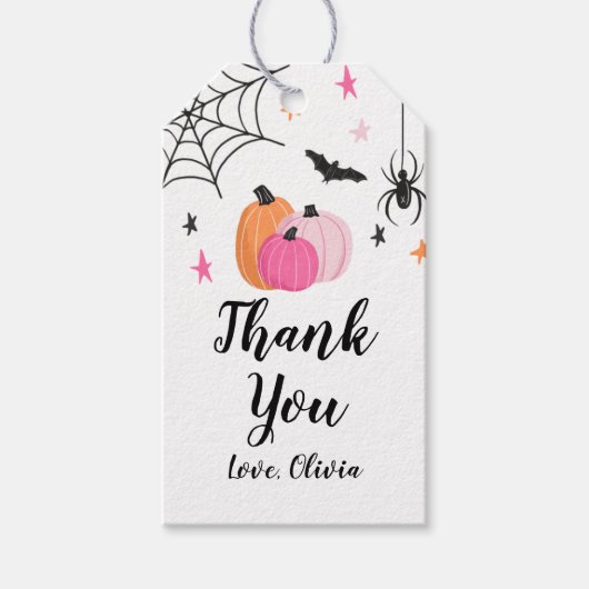 Roze Halloween Pompoenen Spinnen Eng Verjaardagsfe Cadeaulabel (Voorkant)