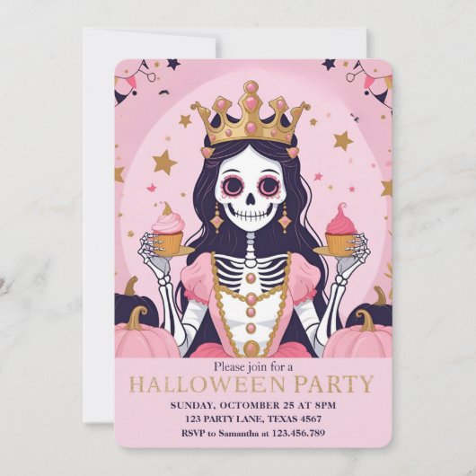 Roze Halloween Princess Skeleton Party Feestdagenkaart (Voorkant)