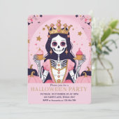 Roze Halloween Princess Skeleton Party Feestdagenkaart (Staand voorkant)
