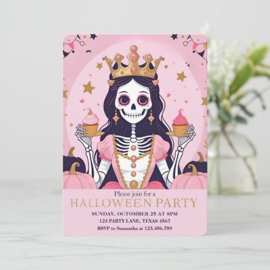 Roze Halloween Princess Skeleton Party Feestdagenkaart (Staand voorkant)