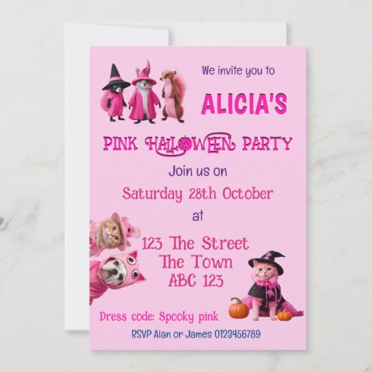 Roze Halloween schattig dier Spooky invite Kaart (Voorkant)