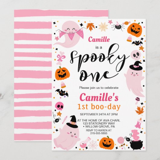 Roze Halloween schattige geest Eerste Verjaardag Kaart (Voorkant / Achterkant)