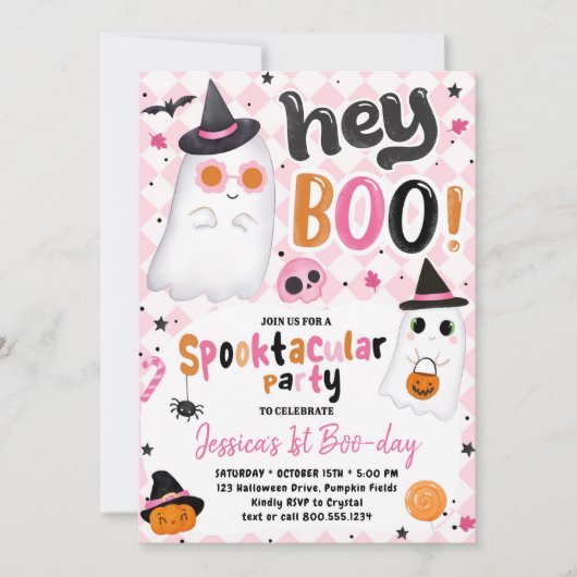 Roze Halloween Schattige Ghost 1e Verjaardag Kaart (Voorkant)