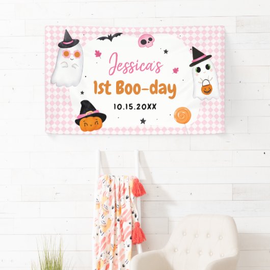 Roze Halloween Schattige Ghost 1e Verjaardag Spandoek (Insitu)