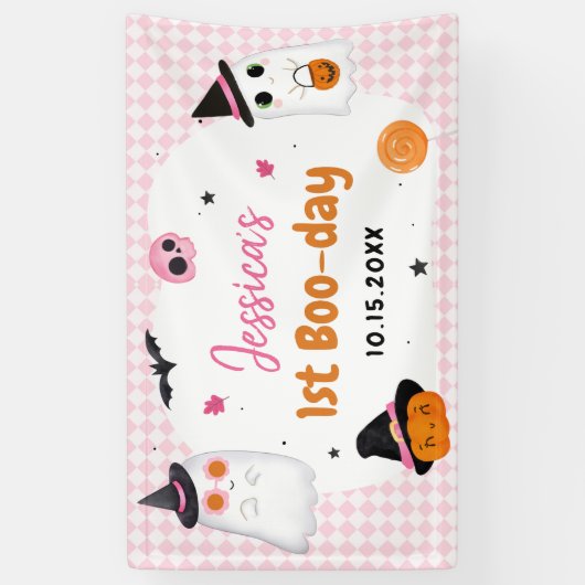 Roze Halloween Schattige Ghost 1e Verjaardag Spandoek (Verticaal)