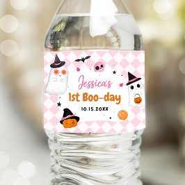 Roze Halloween Schattige Ghost 1e Verjaardag Waterfles Etiket